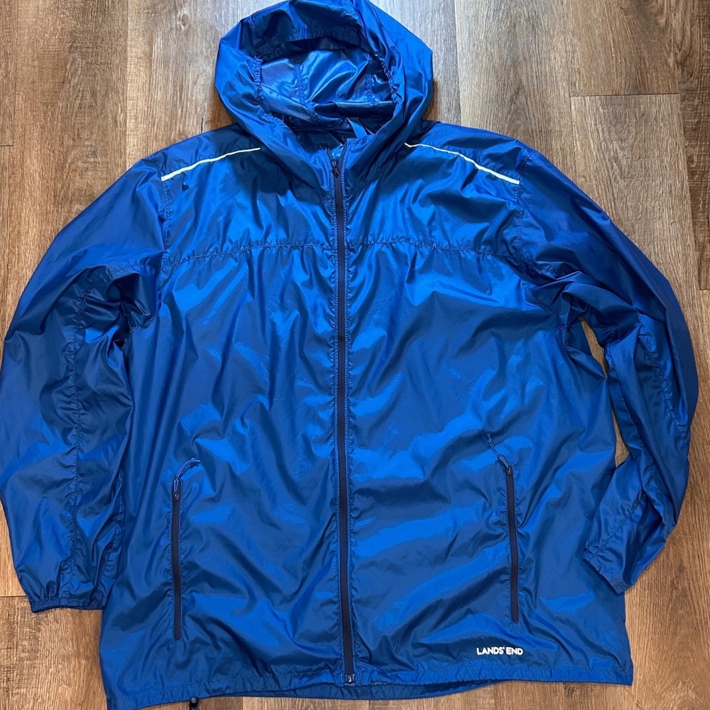 Lands End Mens XL Blue Hooded Windbreaker Zip Ripstop Jacket Reflective Gorpcore